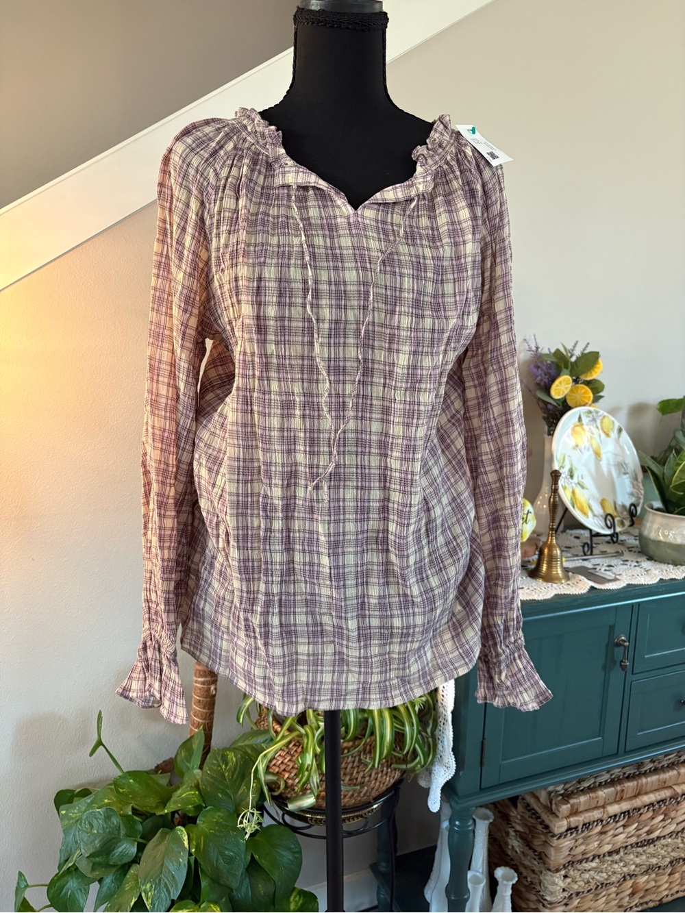 Chaps Lavender Plaid Peasant Blouse